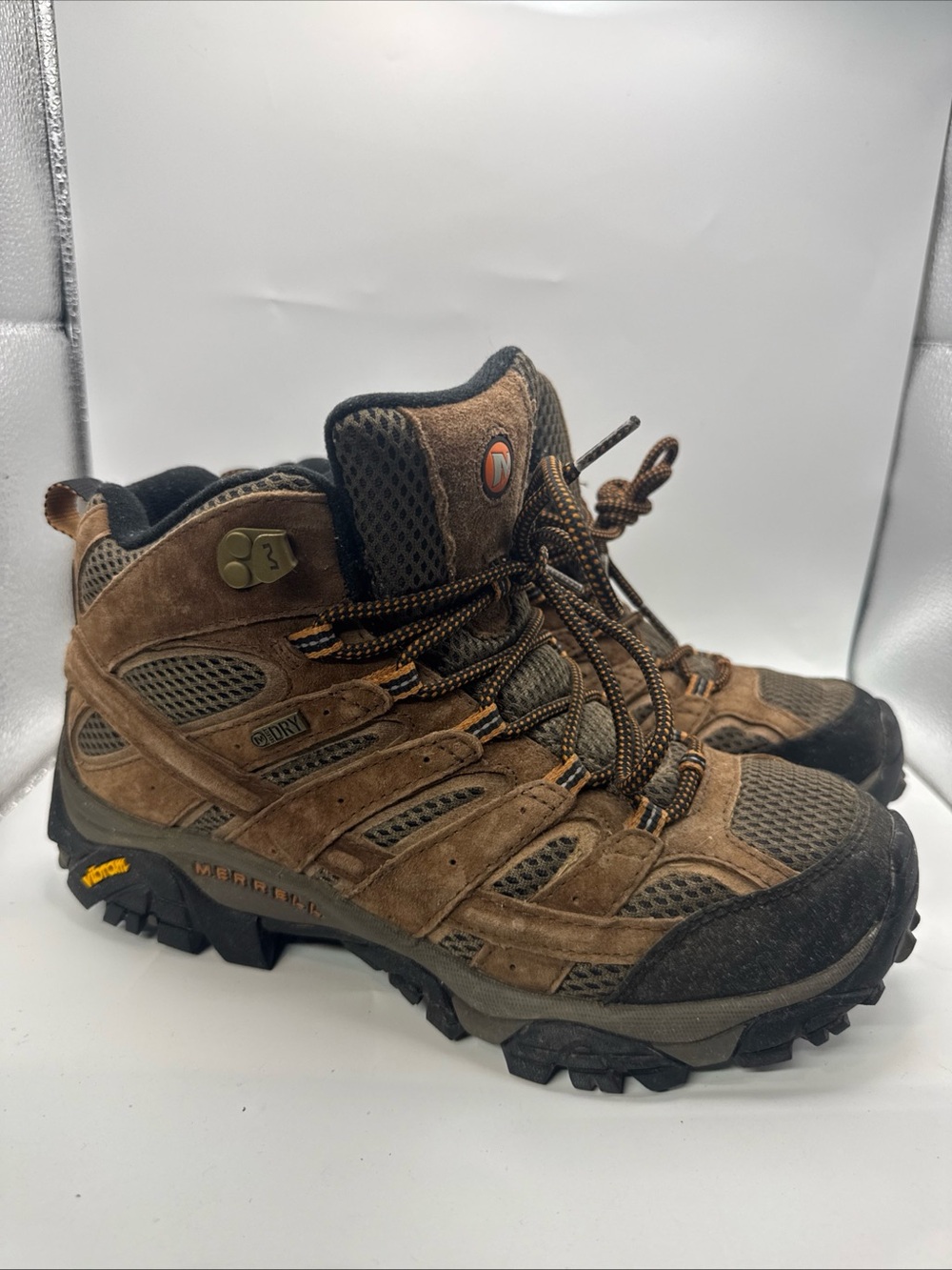 Merrell Moab 3 Mid Boots Mens Size 8.5 Waterproof Hiking Vibram Earth Brown EUC
